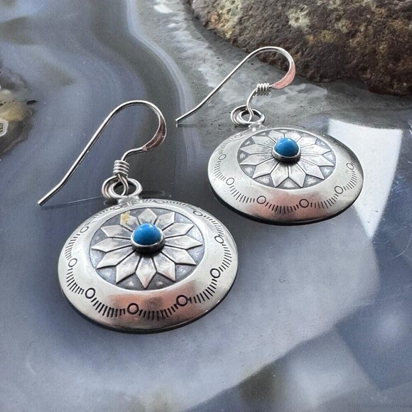 Native American Sterling Silver Turquoise Dot Stamped Concho Dangle Earrings - Picture 3 of 10